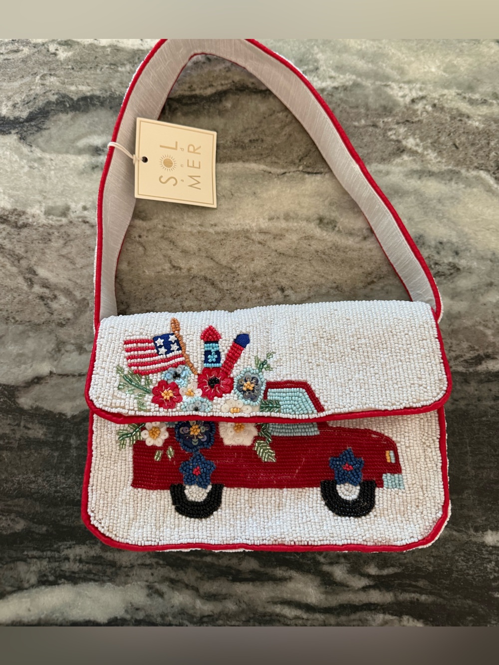 Sol and Mer Beaded Patriotic Red Truck Shoulder Bag Americana 4th of July NWT